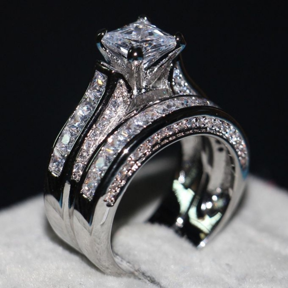 NEW 2pc 925 Silver Princess Cut Diamond Ring Z - Picture 2 of 5